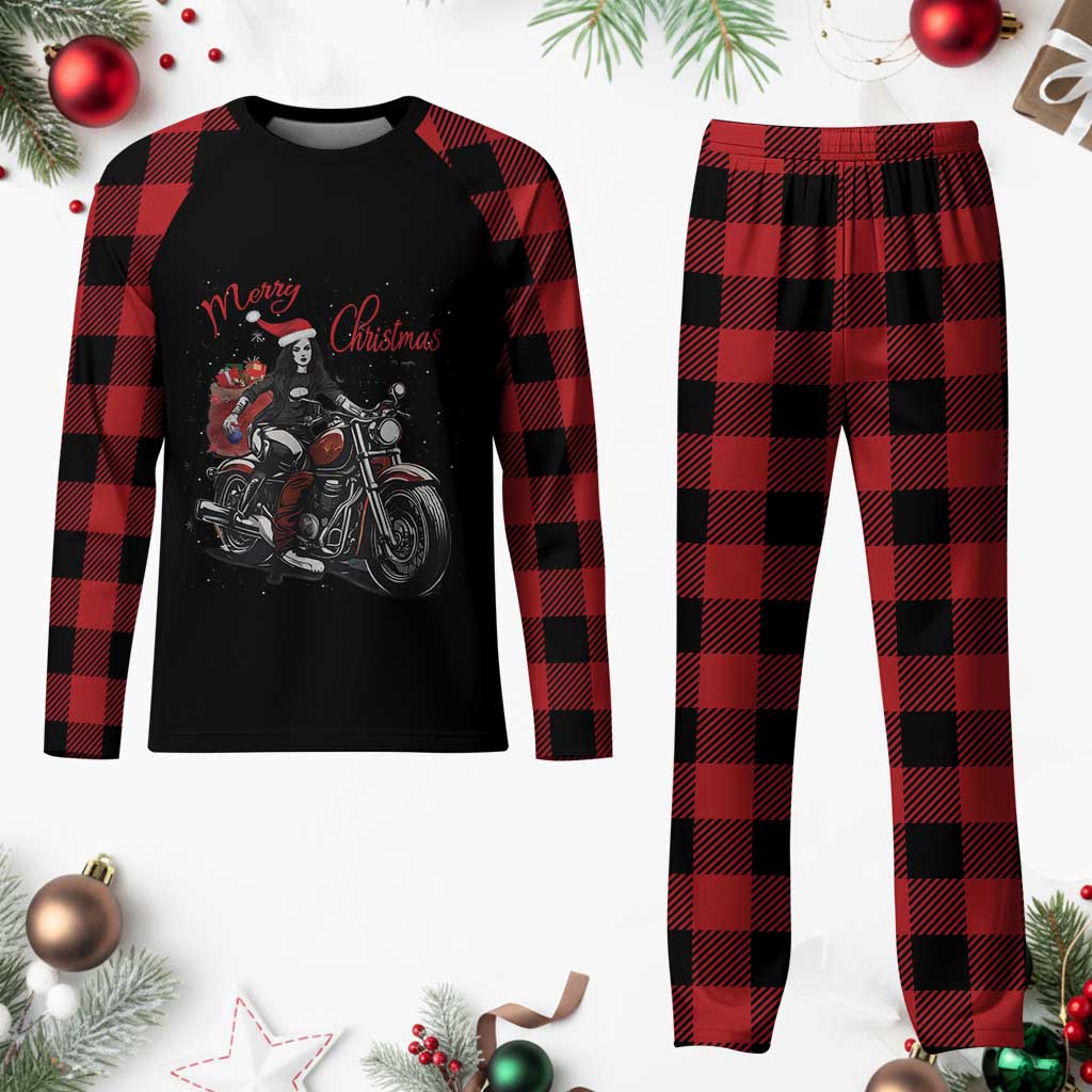 Girl Motorcycle Santa Plaid Pajama Set Lady Biker Merry Christmas - Wonder Print Shop
