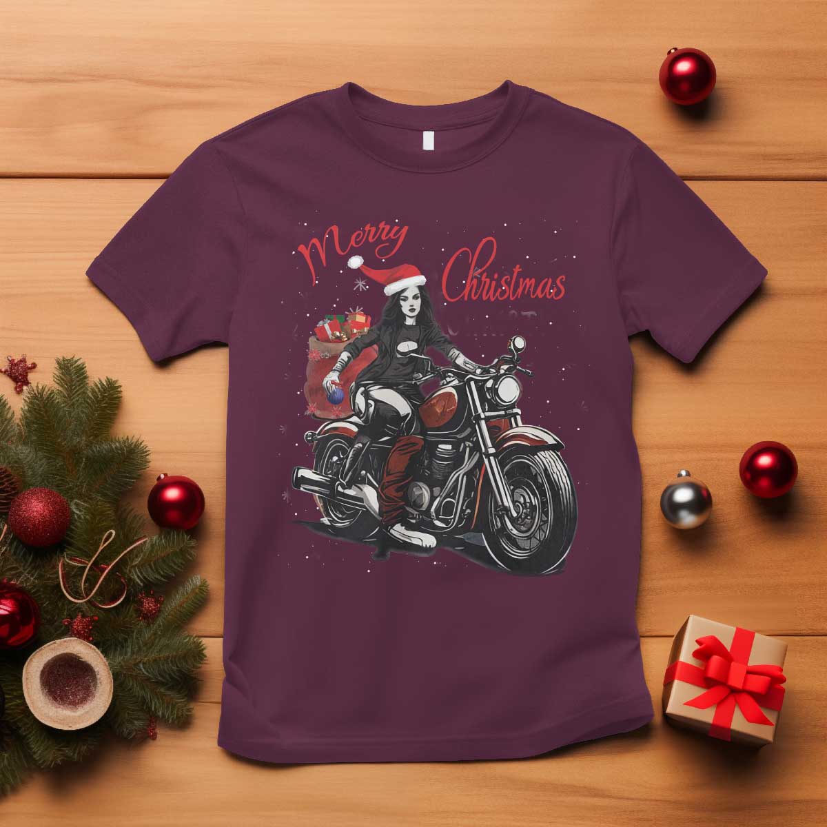 Girl Motorcycle Santa T Shirt Lady Biker Merry Christmas - Wonder Print Shop