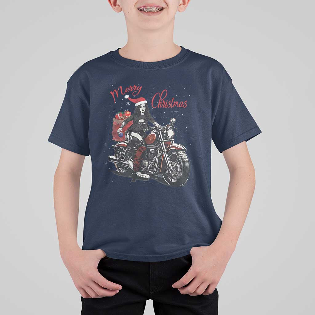 Girl Motorcycle Santa T Shirt For Kid Lady Biker Merry Christmas - Wonder Print Shop