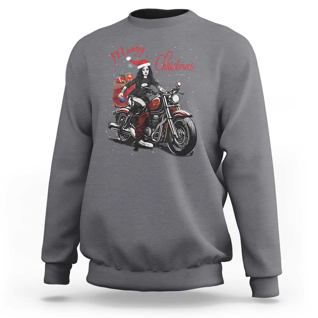 Girl Motorcycle Santa Sweatshirt Lady Biker Merry Christmas - Wonder Print Shop