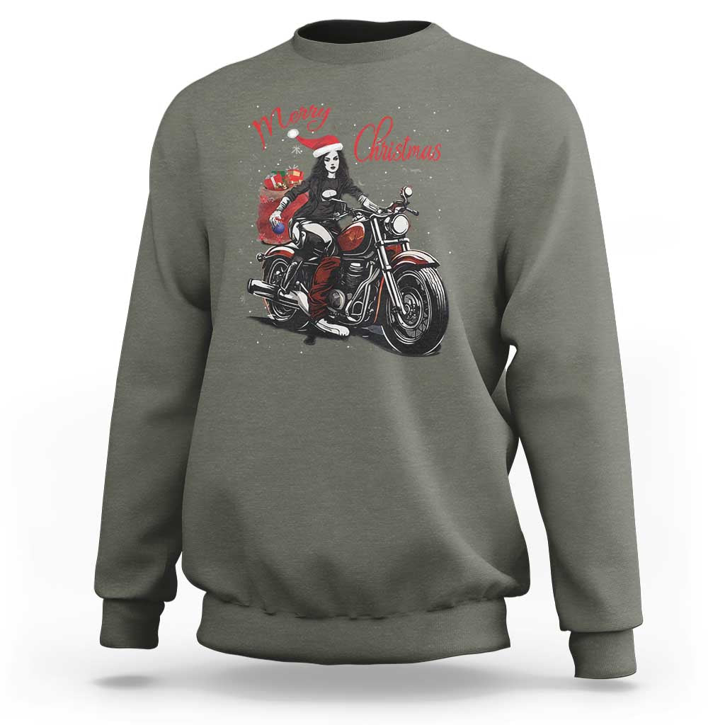 Girl Motorcycle Santa Sweatshirt Lady Biker Merry Christmas - Wonder Print Shop