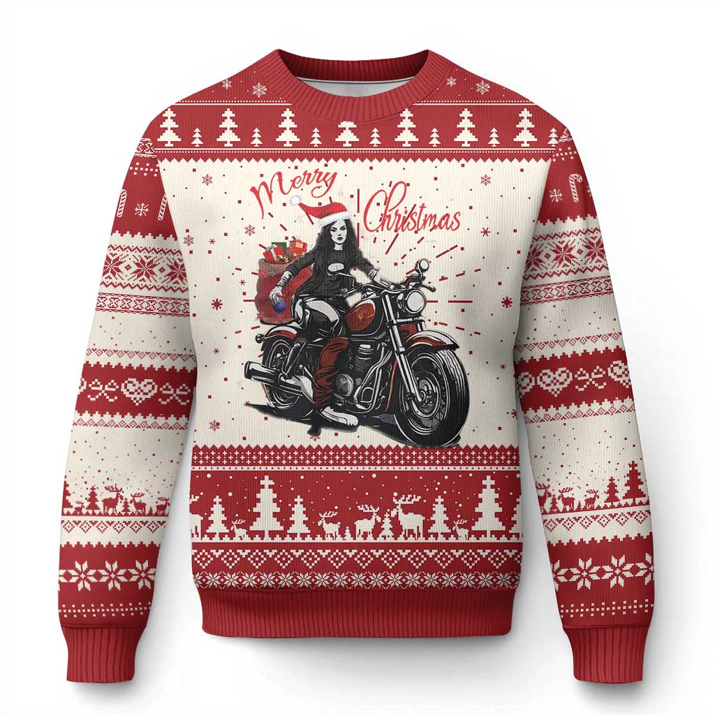 Girl Motorcycle Santa Ugly Christmas Sweater Lady Biker Merry Christmas - Wonder Print Shop