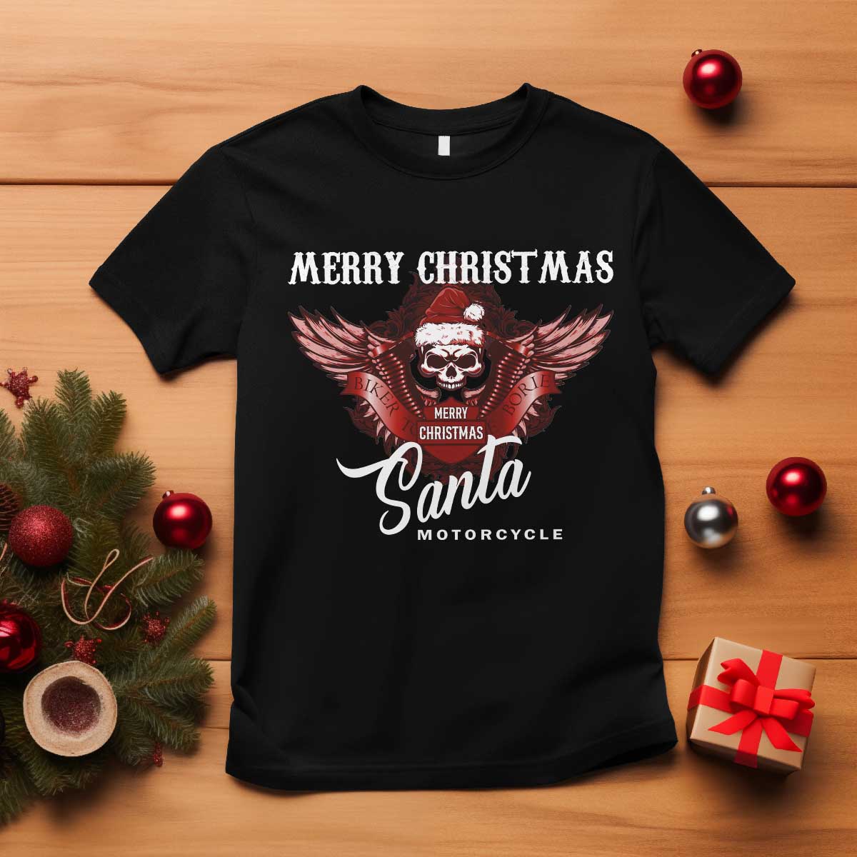 Motorcycle Biker Santa T Shirt Merry Christmas Skull Xmas - Wonder Print Shop