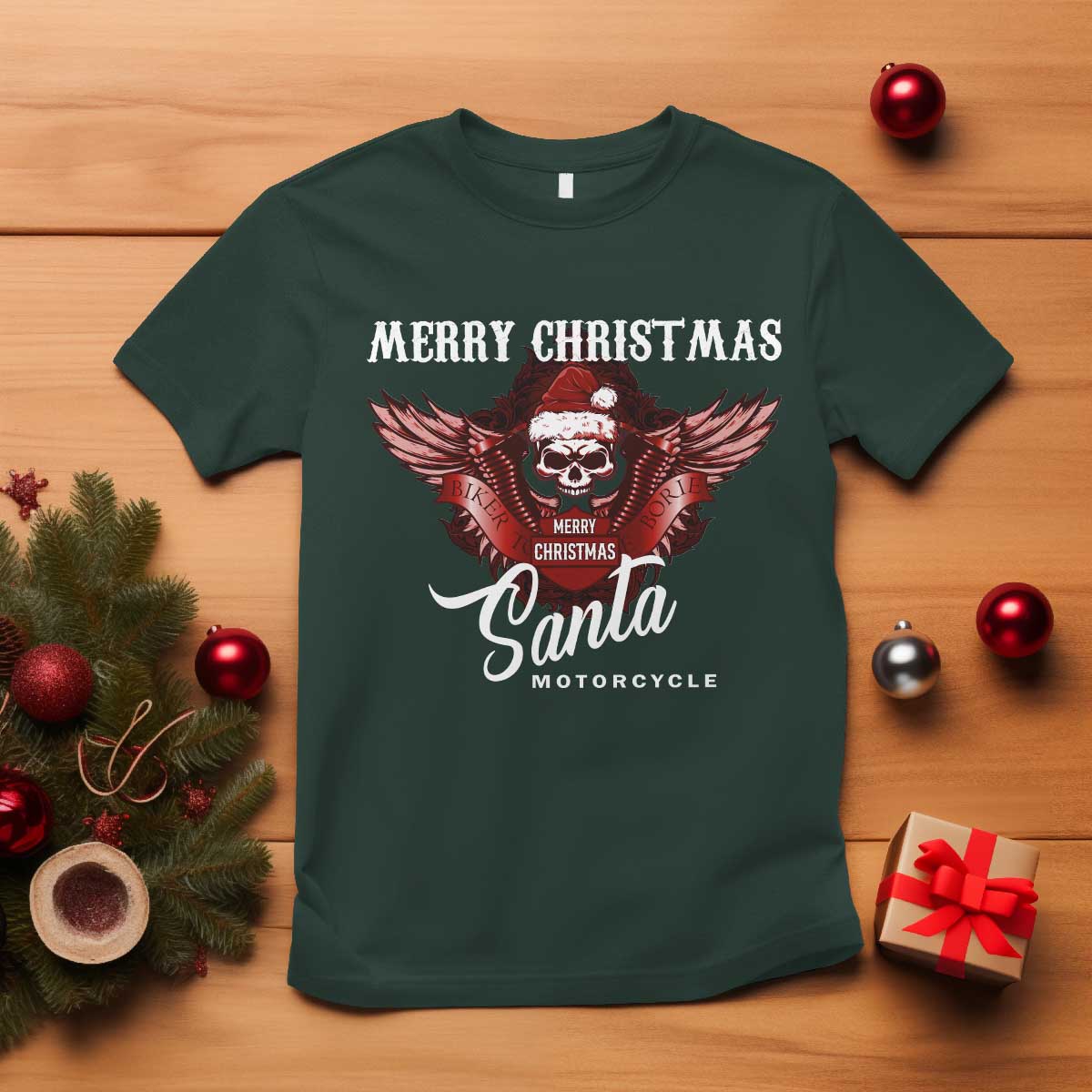 Motorcycle Biker Santa T Shirt Merry Christmas Skull Xmas - Wonder Print Shop