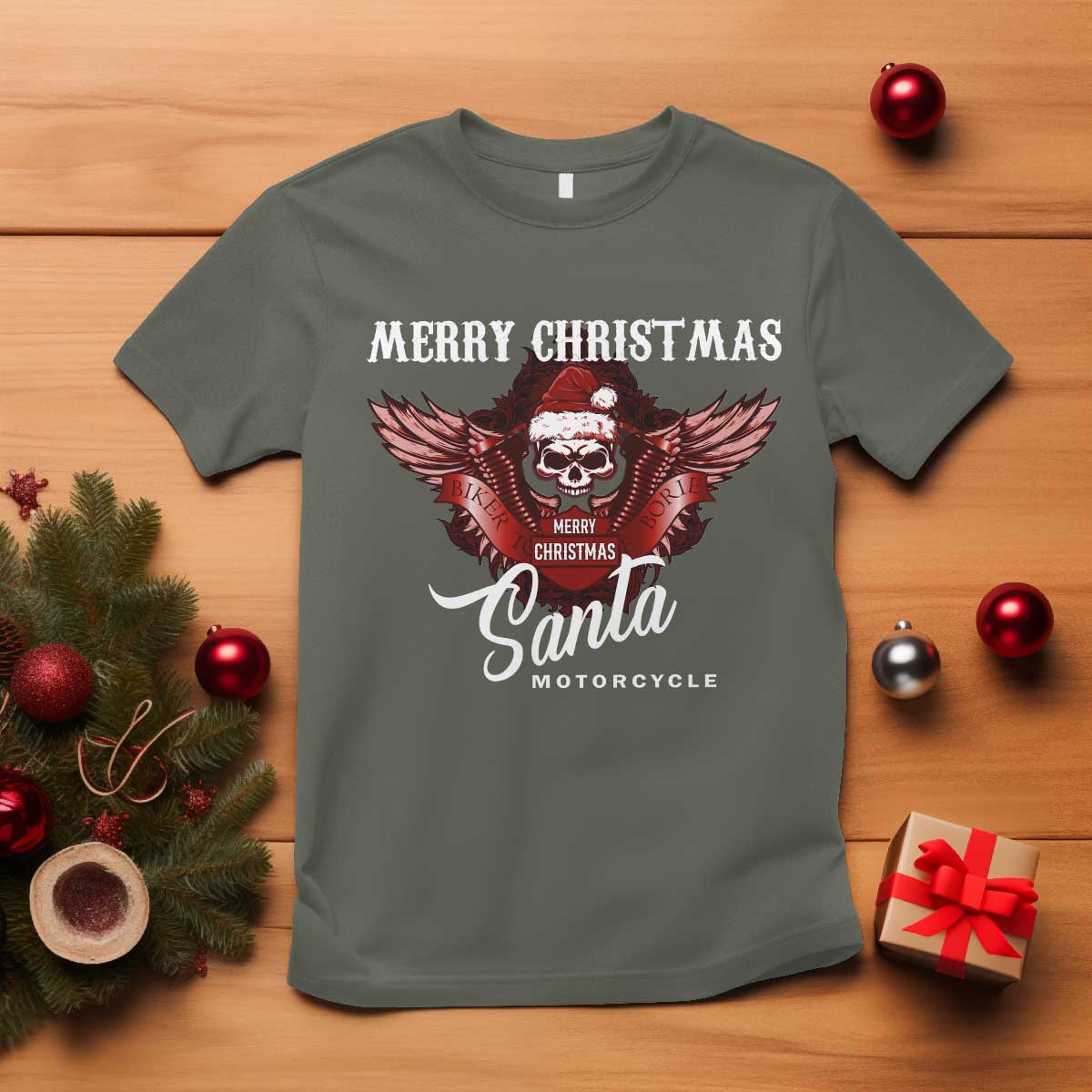 Motorcycle Biker Santa T Shirt Merry Christmas Skull Xmas - Wonder Print Shop