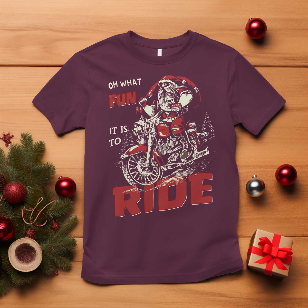 Funny Biker Christmas T Shirt Oh What Fun It Is To Ride Santa Riding On A Motorcycle - Wonder Print Shop