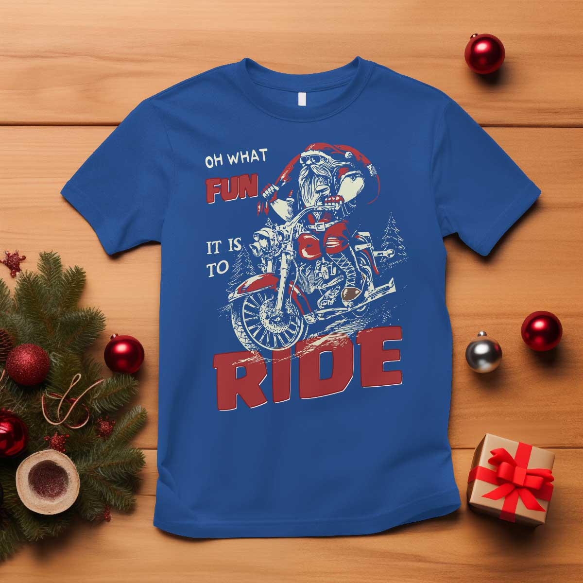 Funny Biker Christmas T Shirt Oh What Fun It Is To Ride Santa Riding On A Motorcycle - Wonder Print Shop