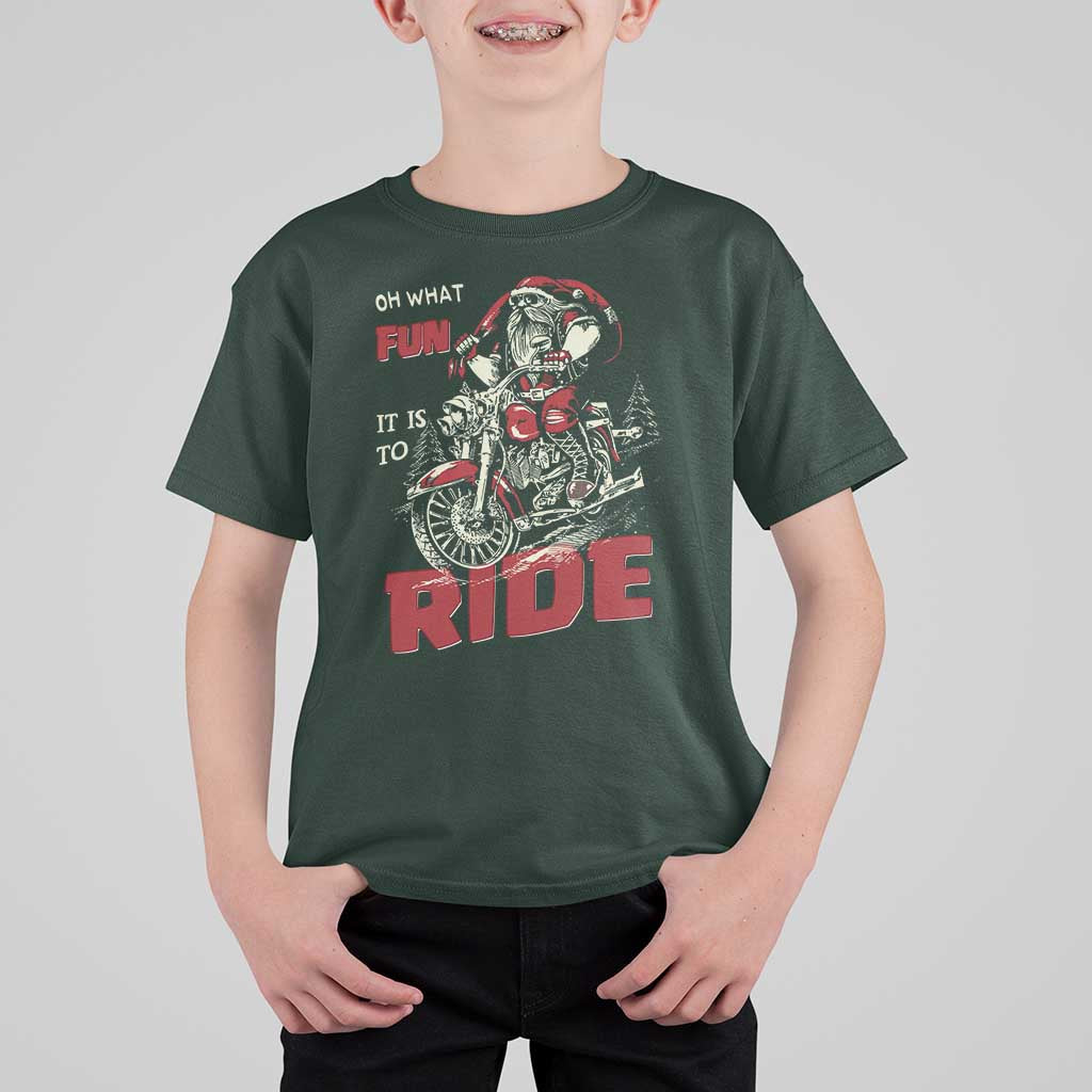 Funny Biker Christmas T Shirt For Kid Oh What Fun It Is To Ride Santa Riding On A Motorcycle - Wonder Print Shop