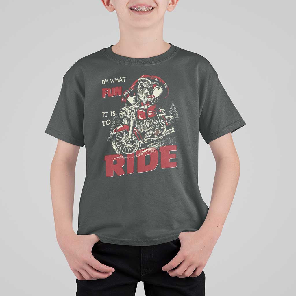 Funny Biker Christmas T Shirt For Kid Oh What Fun It Is To Ride Santa Riding On A Motorcycle - Wonder Print Shop