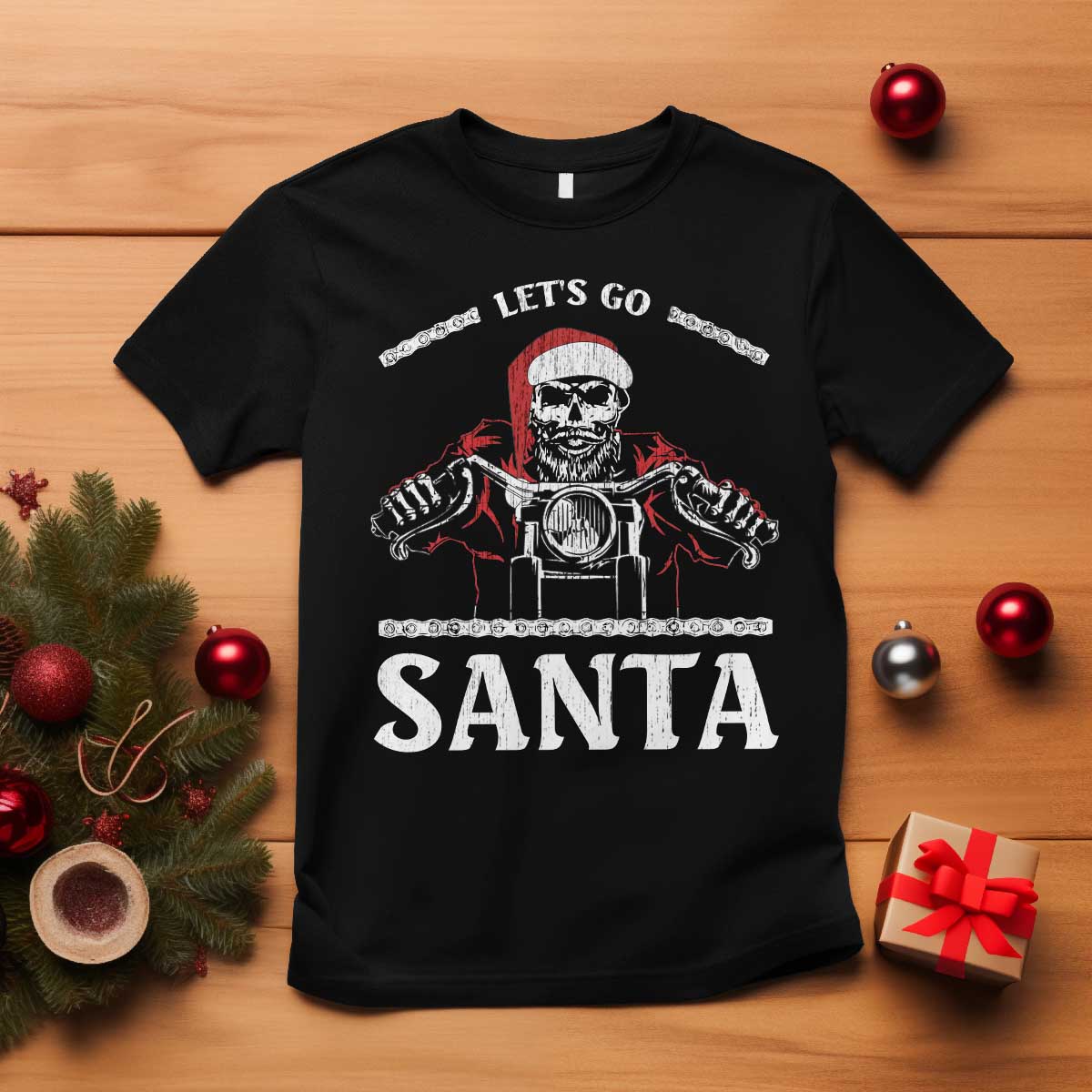 Funny Christmas Motorcycle Santa T Shirt Let's Go Santa Skull Motorbike Rider - Wonder Print Shop