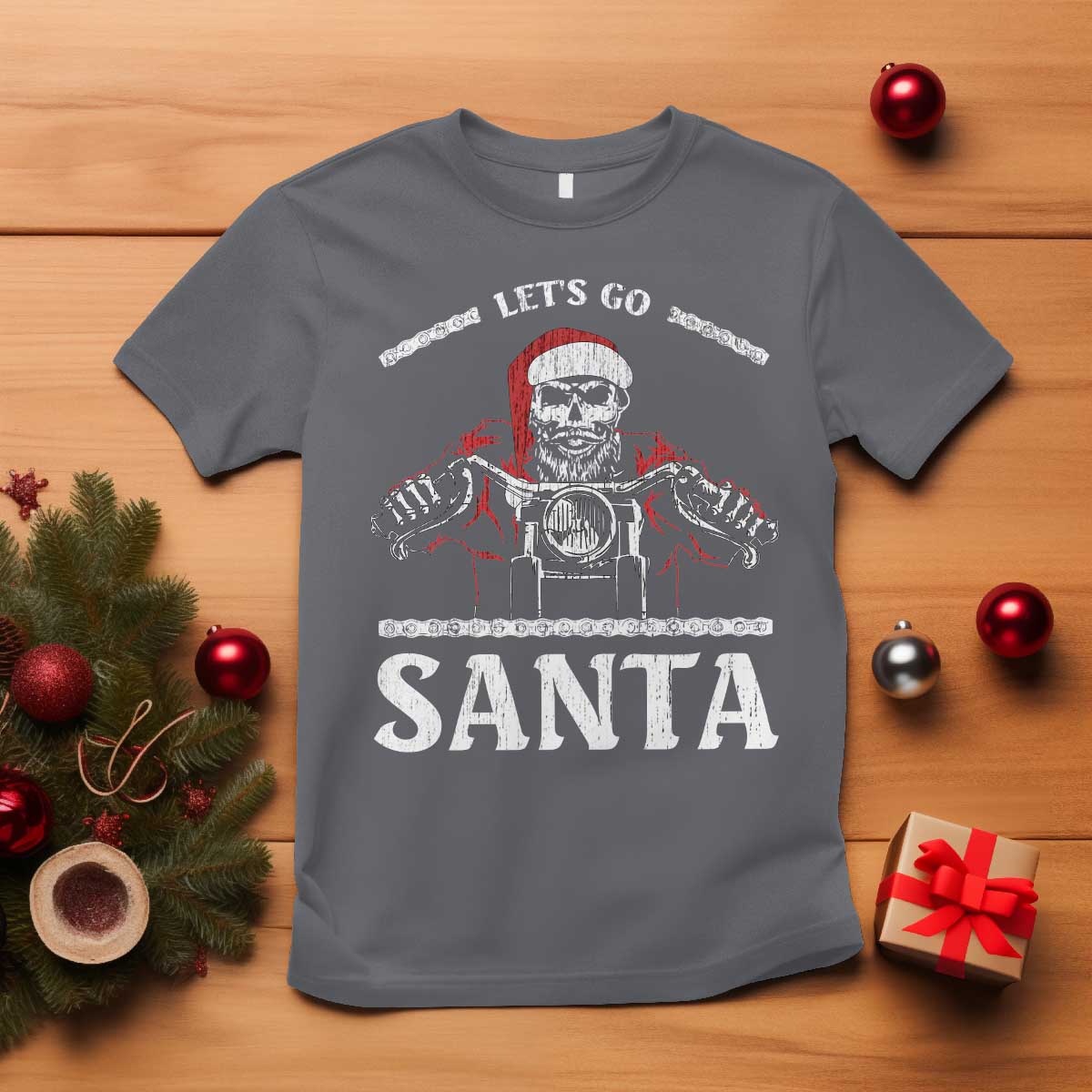 Funny Christmas Motorcycle Santa T Shirt Let's Go Santa Skull Motorbike Rider - Wonder Print Shop