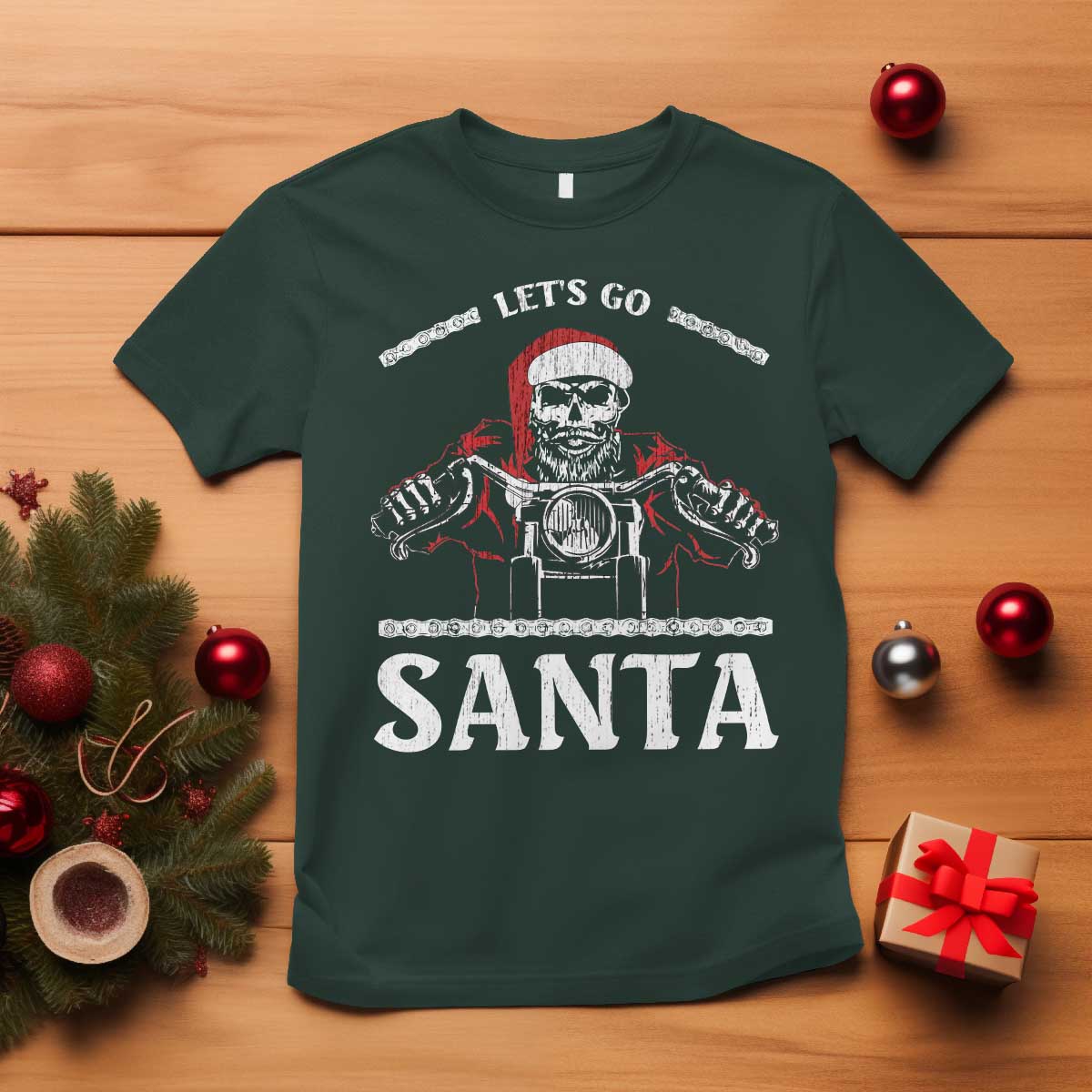 Funny Christmas Motorcycle Santa T Shirt Let's Go Santa Skull Motorbike Rider - Wonder Print Shop