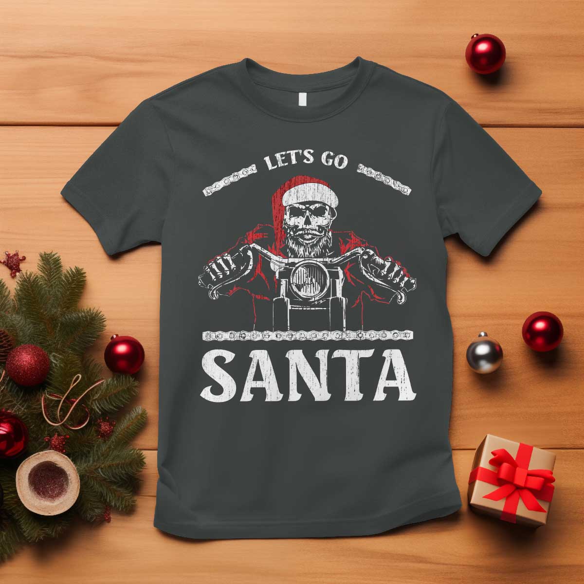 Funny Christmas Motorcycle Santa T Shirt Let's Go Santa Skull Motorbike Rider - Wonder Print Shop