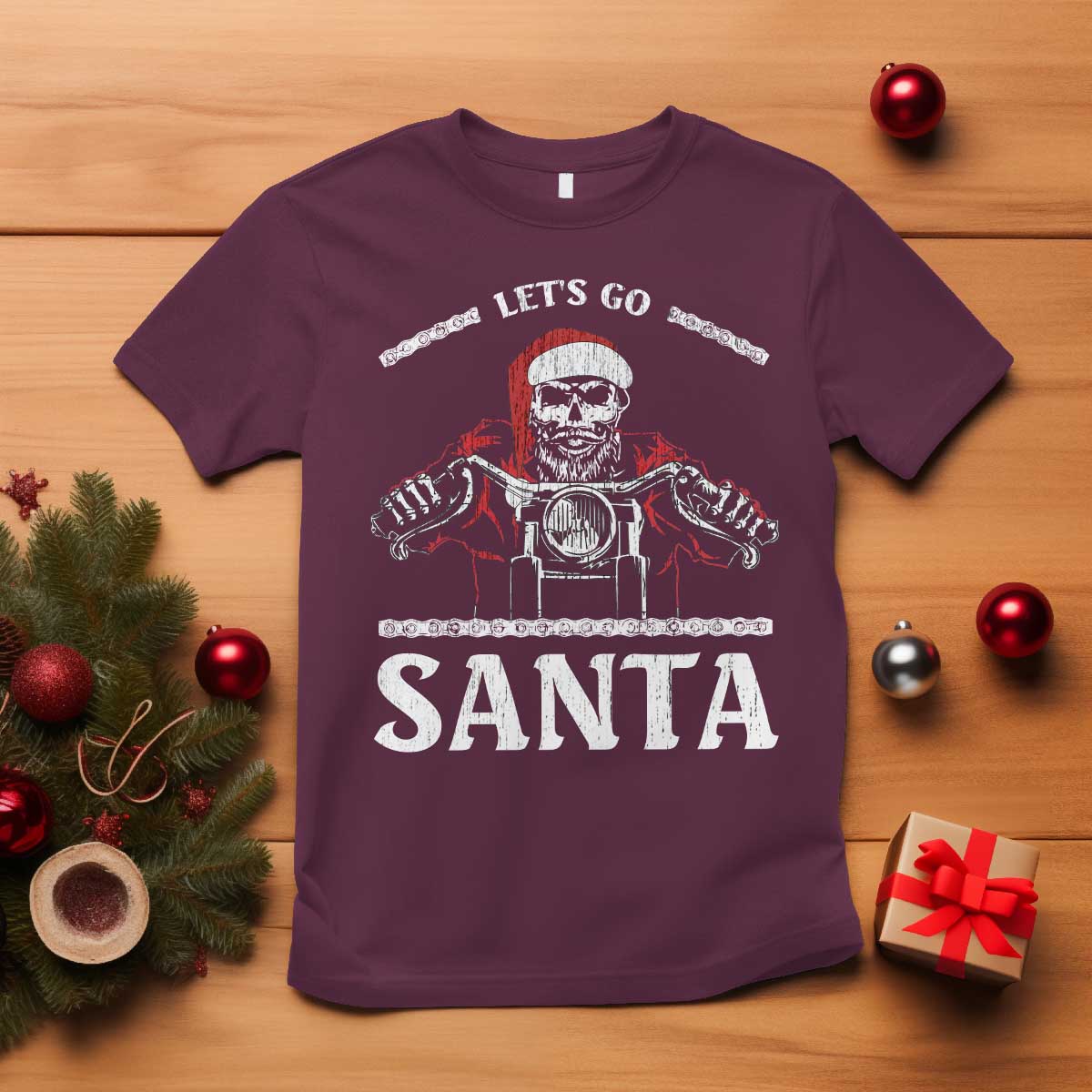 Funny Christmas Motorcycle Santa T Shirt Let's Go Santa Skull Motorbike Rider - Wonder Print Shop