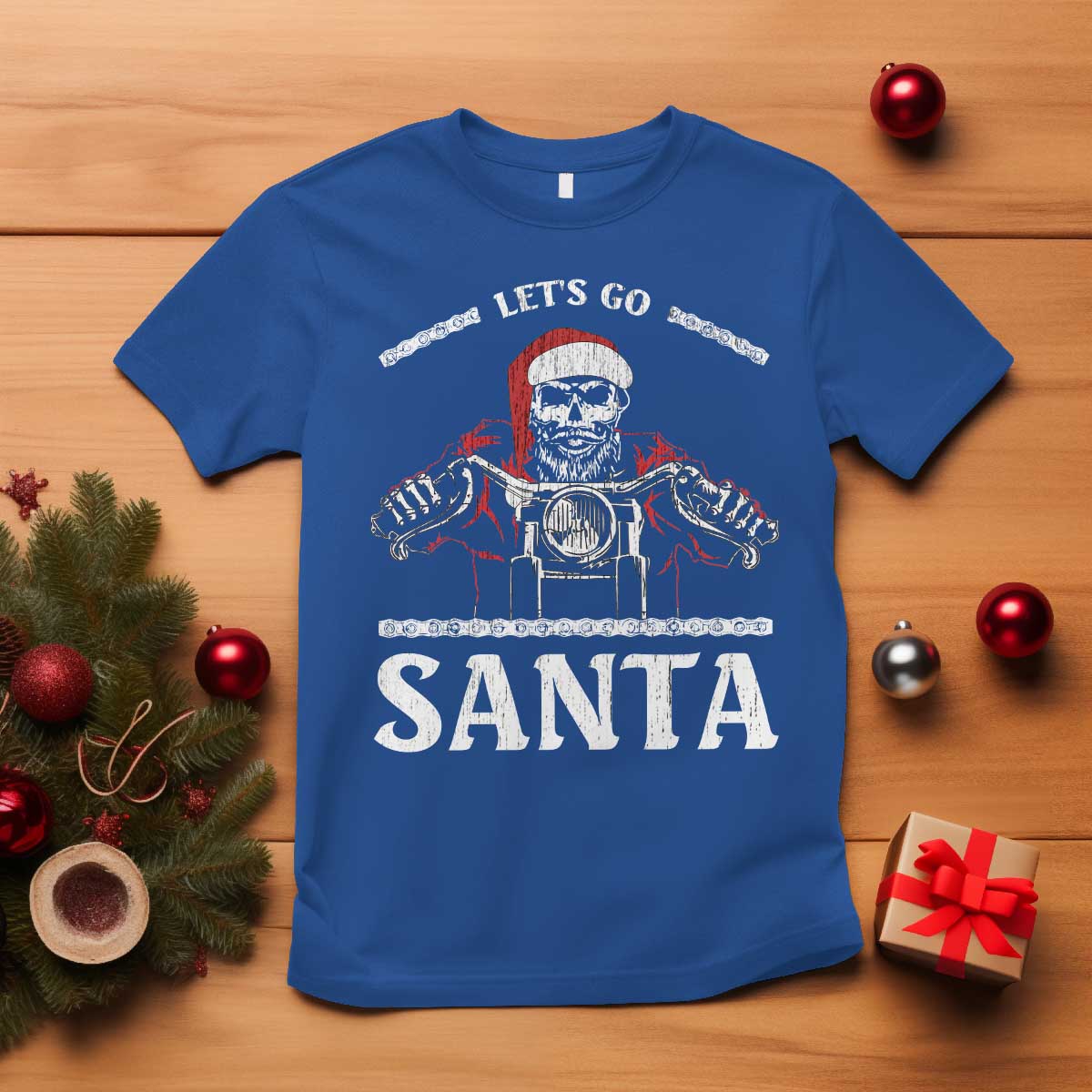 Funny Christmas Motorcycle Santa T Shirt Let's Go Santa Skull Motorbike Rider - Wonder Print Shop