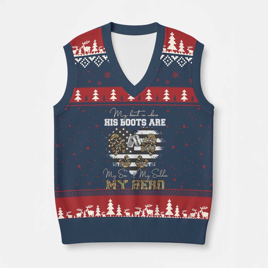 Personalized Army Mom V-Neck Knit Sweater Vest Custom Name Proud Military Family US Flag