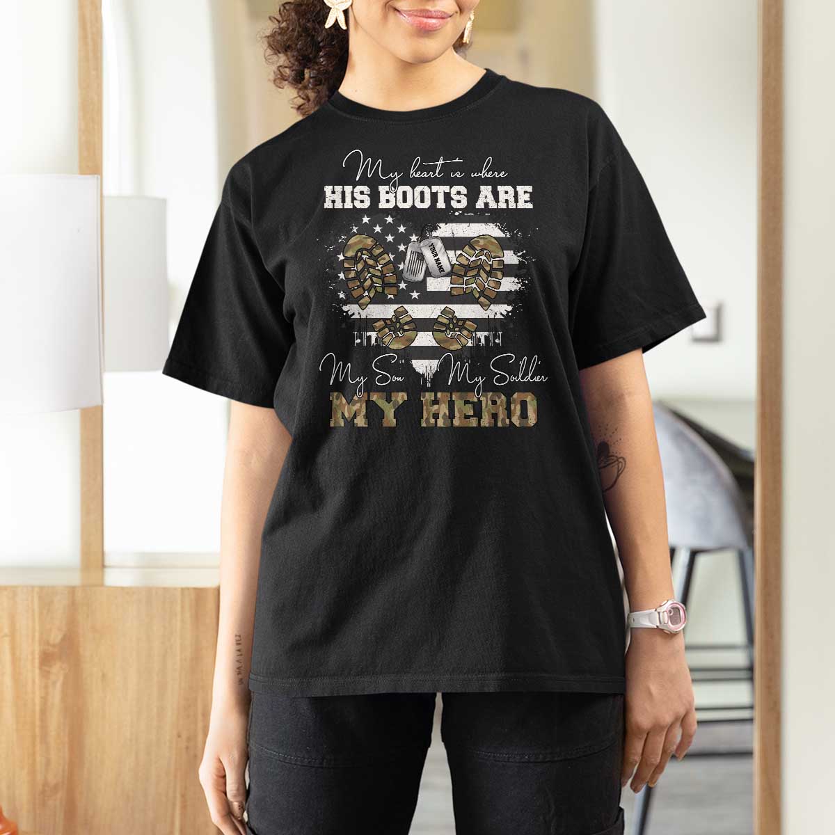 Personalized Army Mom T Shirt For Women Custom Name Proud Military Family US Flag