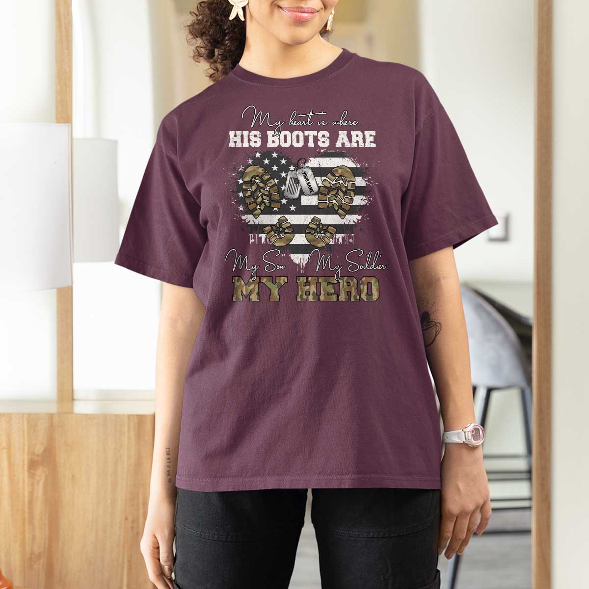 Personalized Army Mom T Shirt For Women Custom Name Proud Military Family US Flag