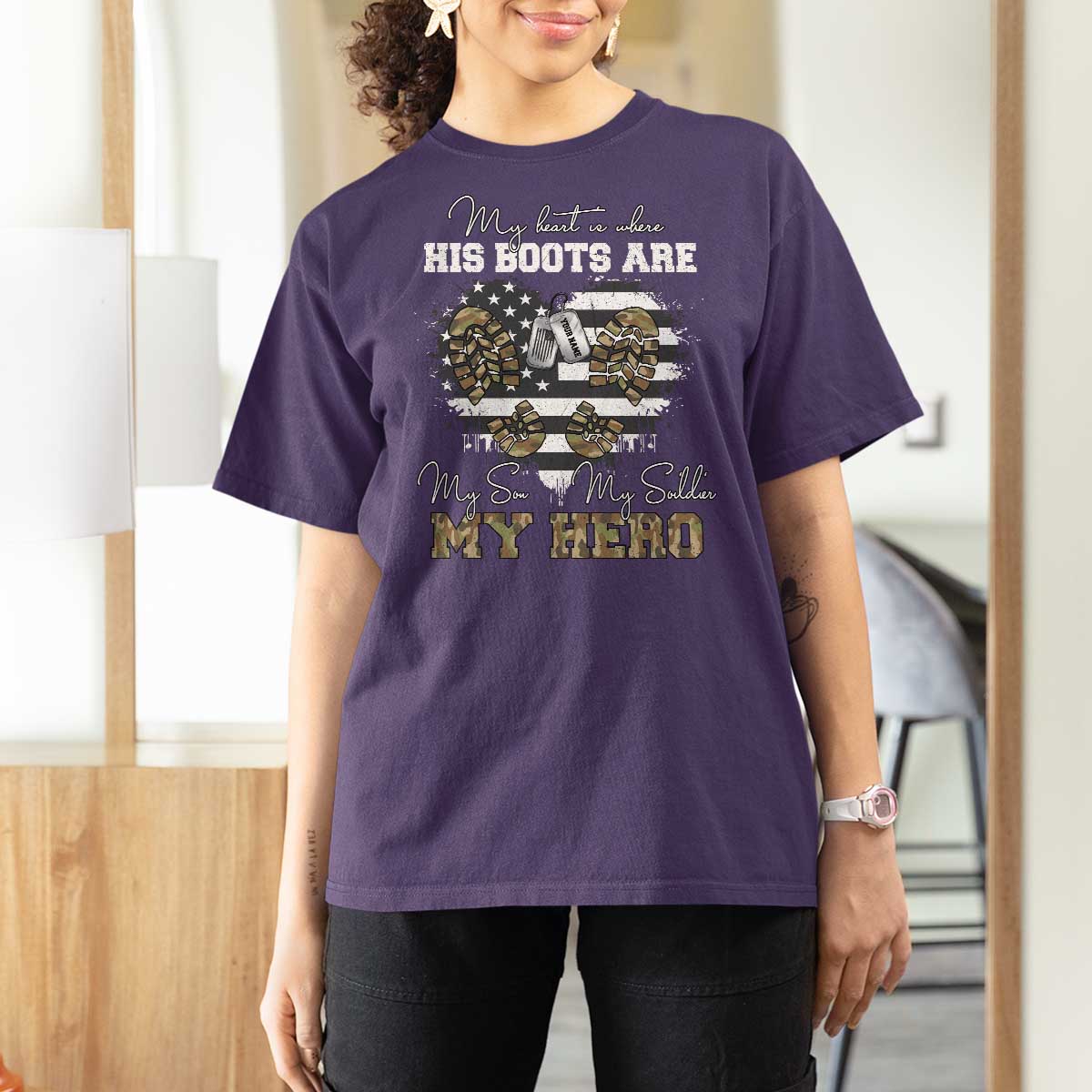 Personalized Army Mom T Shirt For Women Custom Name Proud Military Family US Flag