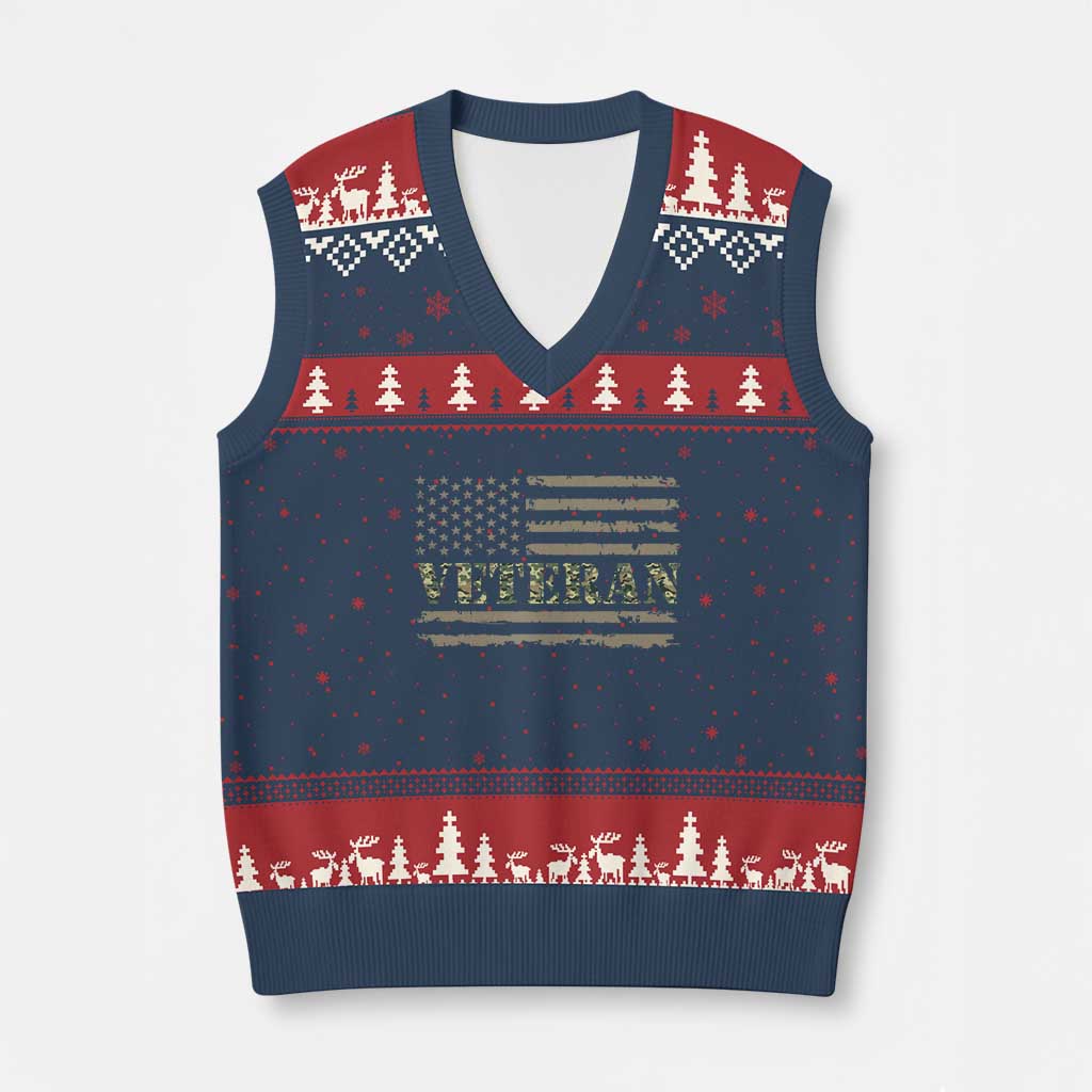 Veteran V-Neck Knit Sweater Vest Retro Patriotic Army Camouflage US Flag