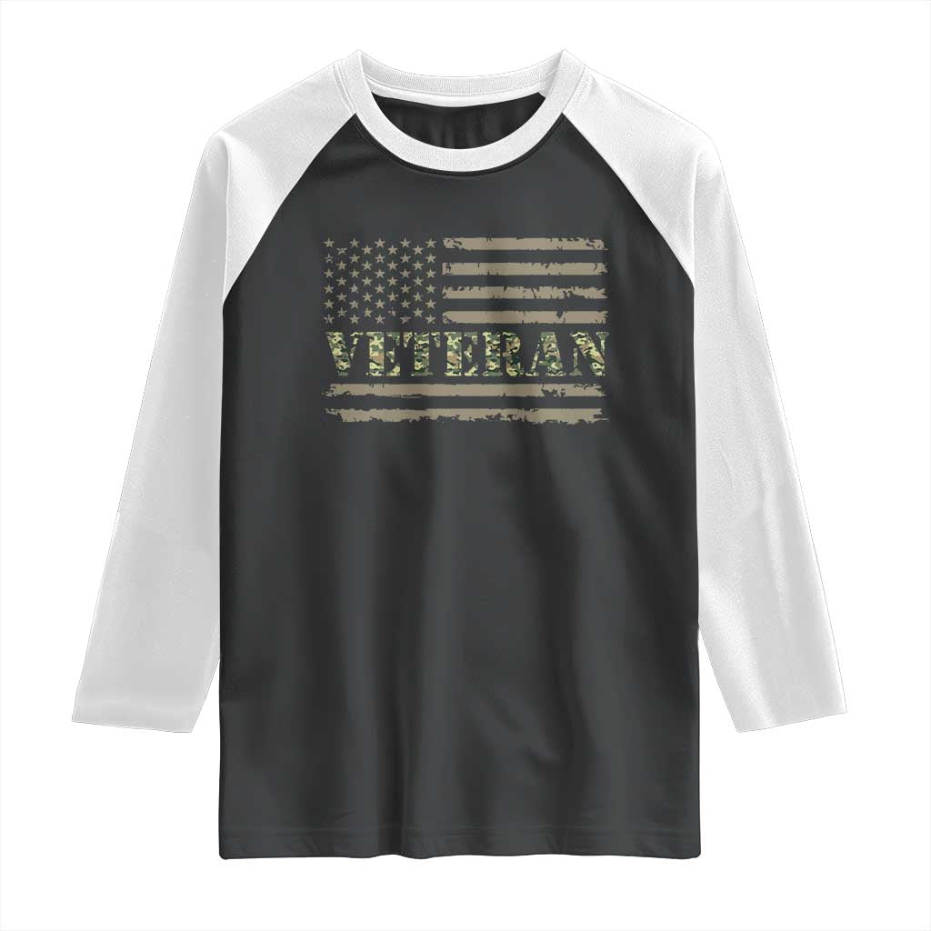 Veteran Raglan Shirt Retro Patriotic Army Camouflage US Flag