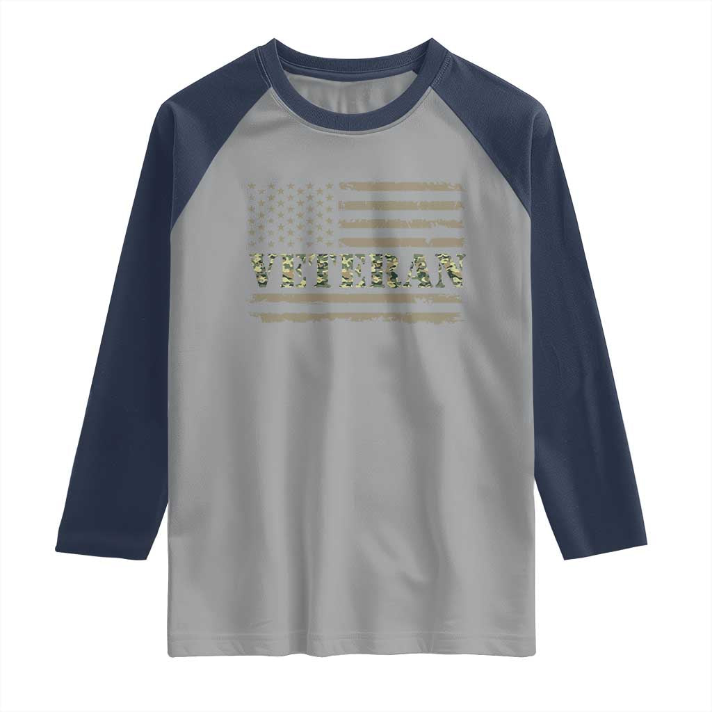 Veteran Raglan Shirt Retro Patriotic Army Camouflage US Flag