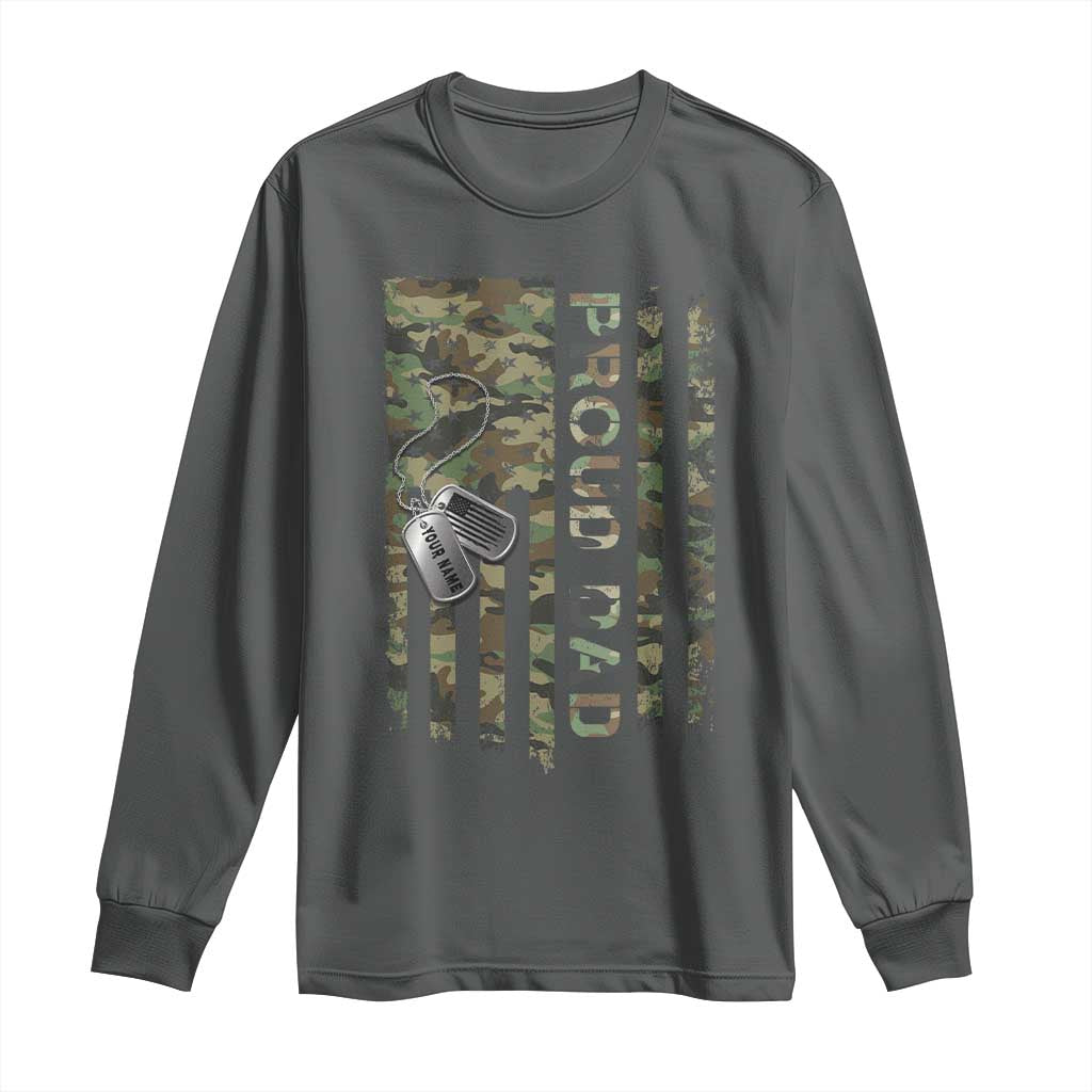 Personalized Proud Army Dad Long Sleeve Shirt Custom Name Dog Tag Camo American Flag Gift