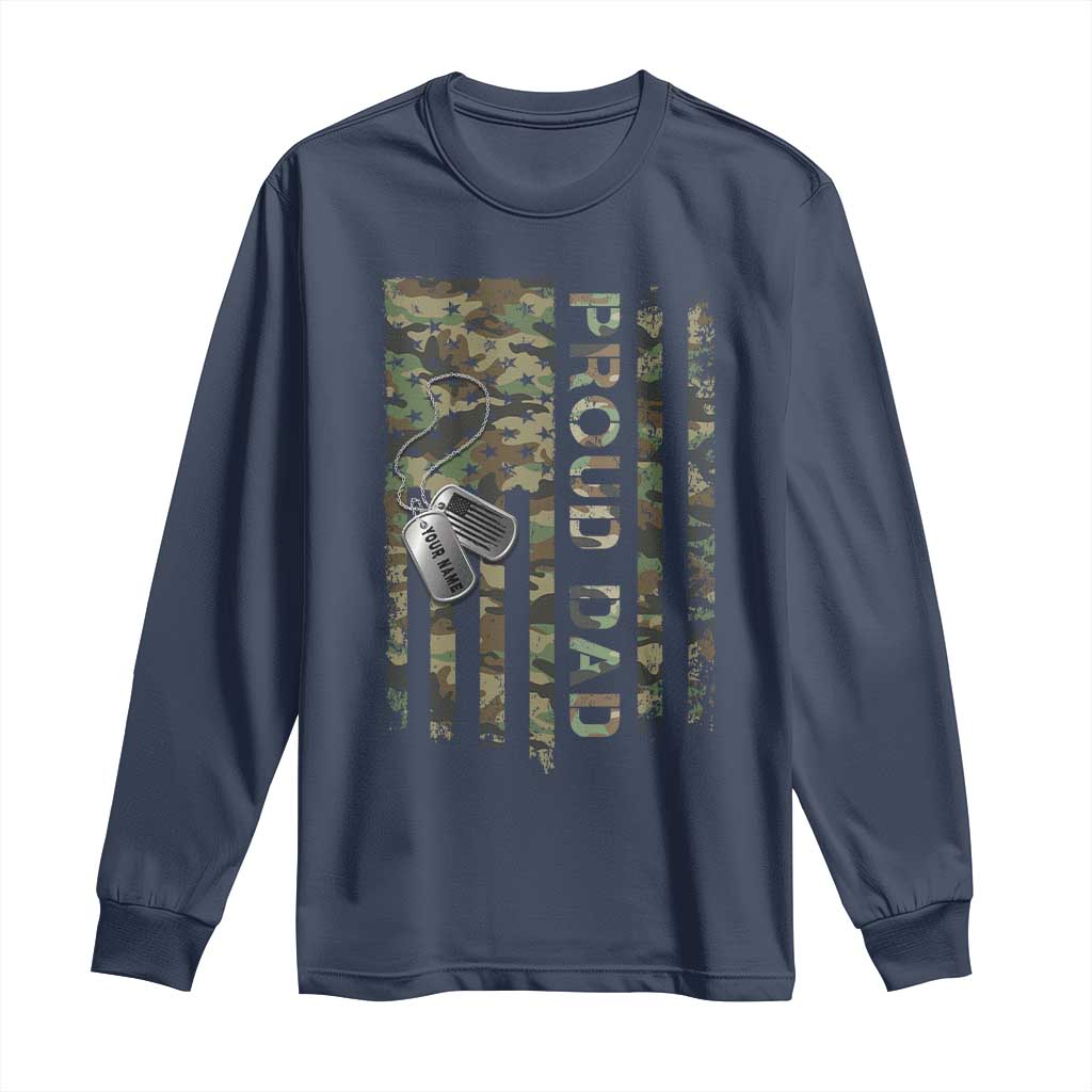 Personalized Proud Army Dad Long Sleeve Shirt Custom Name Dog Tag Camo American Flag Gift