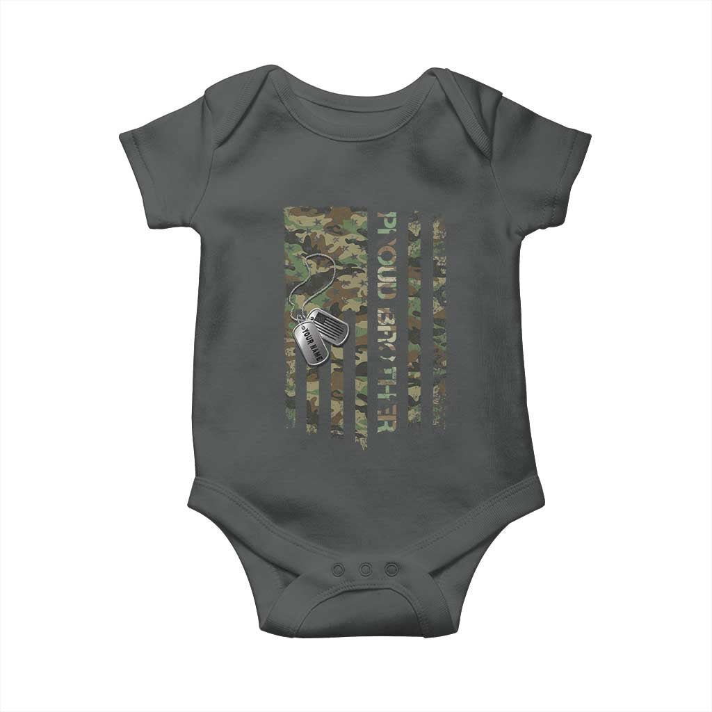 Personalized Proud Army Brother Baby Onesie Custom Name Dog Tag Camo American Flag Gift