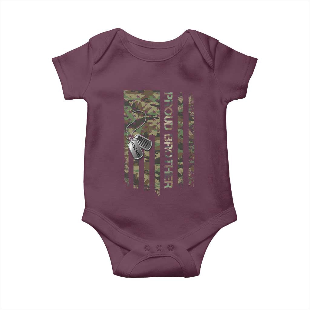 Personalized Proud Army Brother Baby Onesie Custom Name Dog Tag Camo American Flag Gift