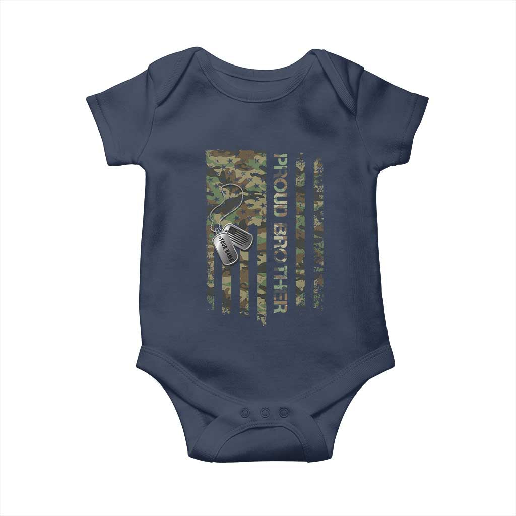 Personalized Proud Army Brother Baby Onesie Custom Name Dog Tag Camo American Flag Gift