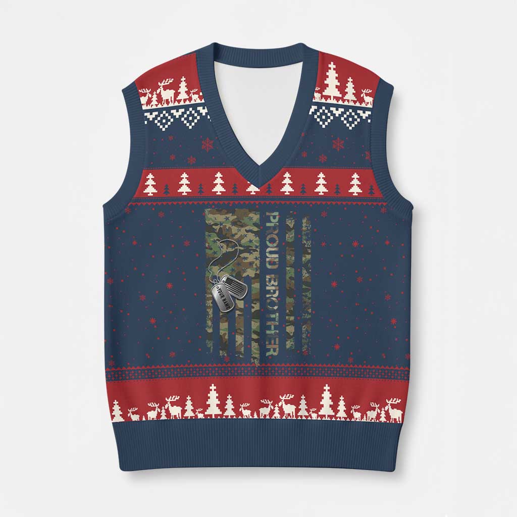 Personalized Proud Army Brother V-Neck Knit Sweater Vest Custom Name Dog Tag Camo American Flag Gift