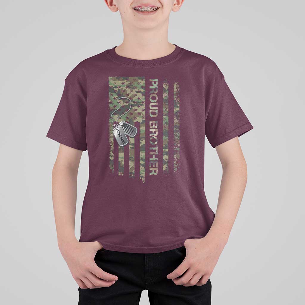 Personalized Proud Army Brother T Shirt For Kid Custom Name Dog Tag Camo American Flag Gift