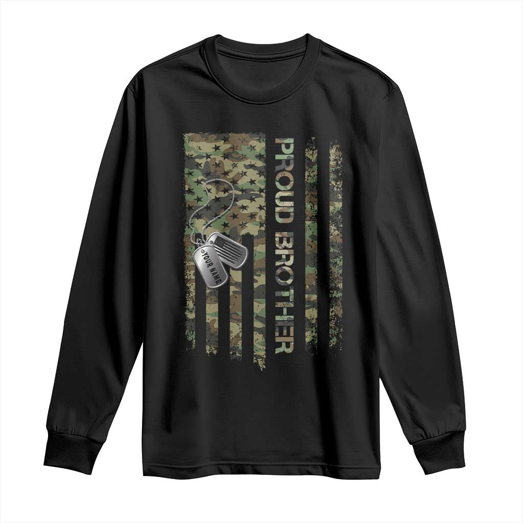 Personalized Proud Army Brother Long Sleeve Shirt Custom Name Dog Tag Camo American Flag Gift
