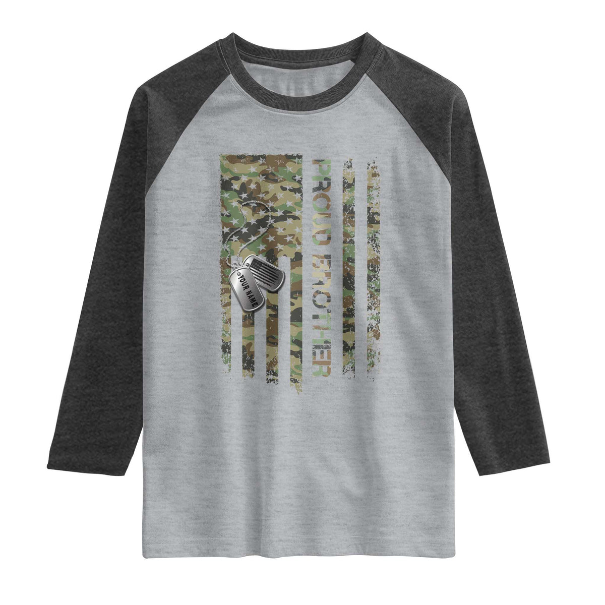 Personalized Proud Army Brother Raglan Shirt Custom Name Dog Tag Camo American Flag Gift