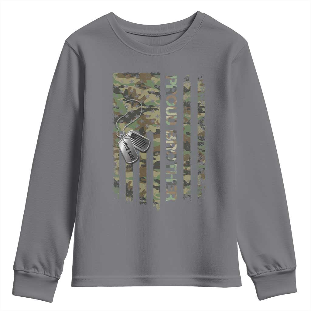 Personalized Proud Army Brother Youth Sweatshirt Custom Name Dog Tag Camo American Flag Gift