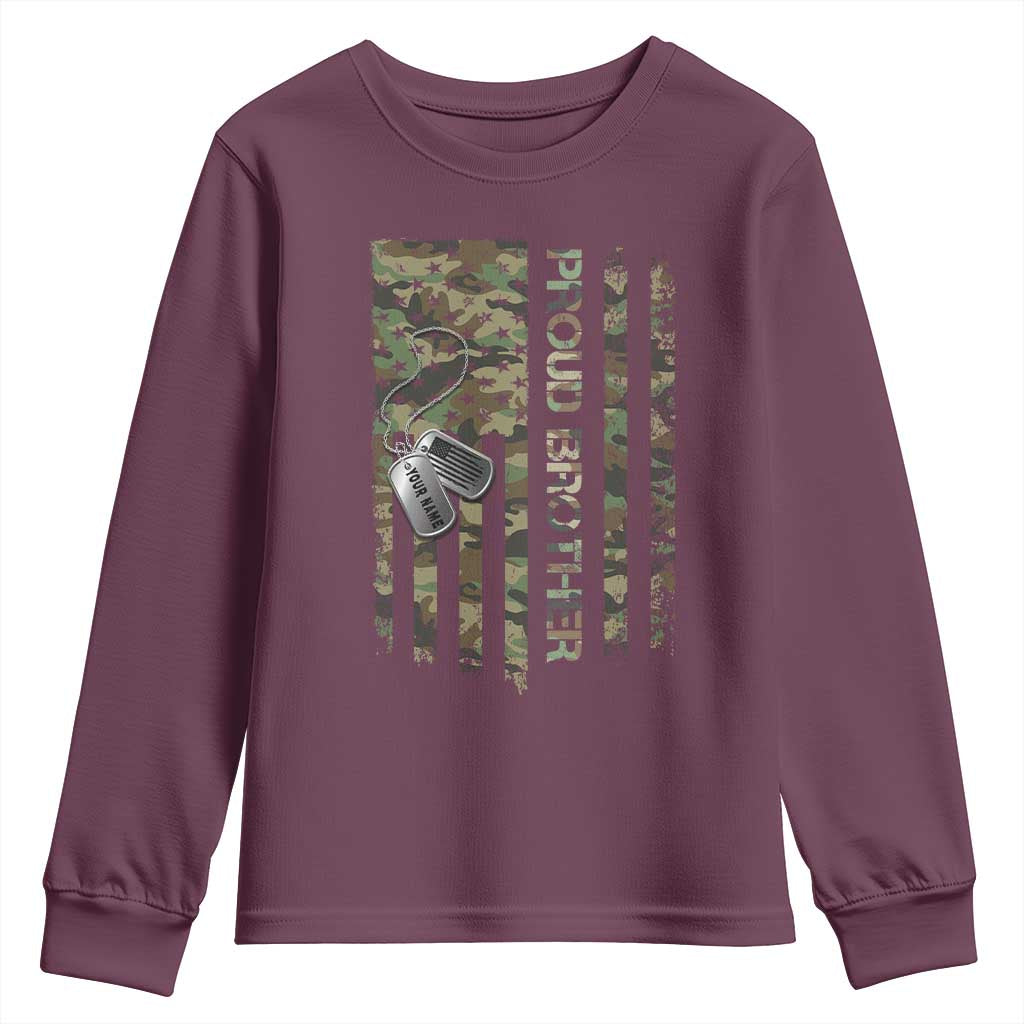 Personalized Proud Army Brother Youth Sweatshirt Custom Name Dog Tag Camo American Flag Gift