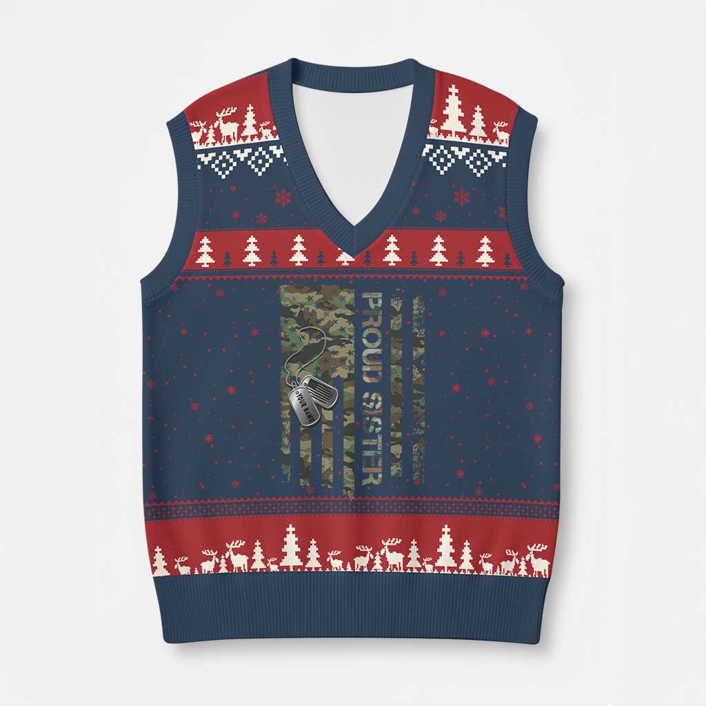 Personalized Proud Army Sister V-Neck Knit Sweater Vest Custom Name Dog Tag Camo American Flag Gift