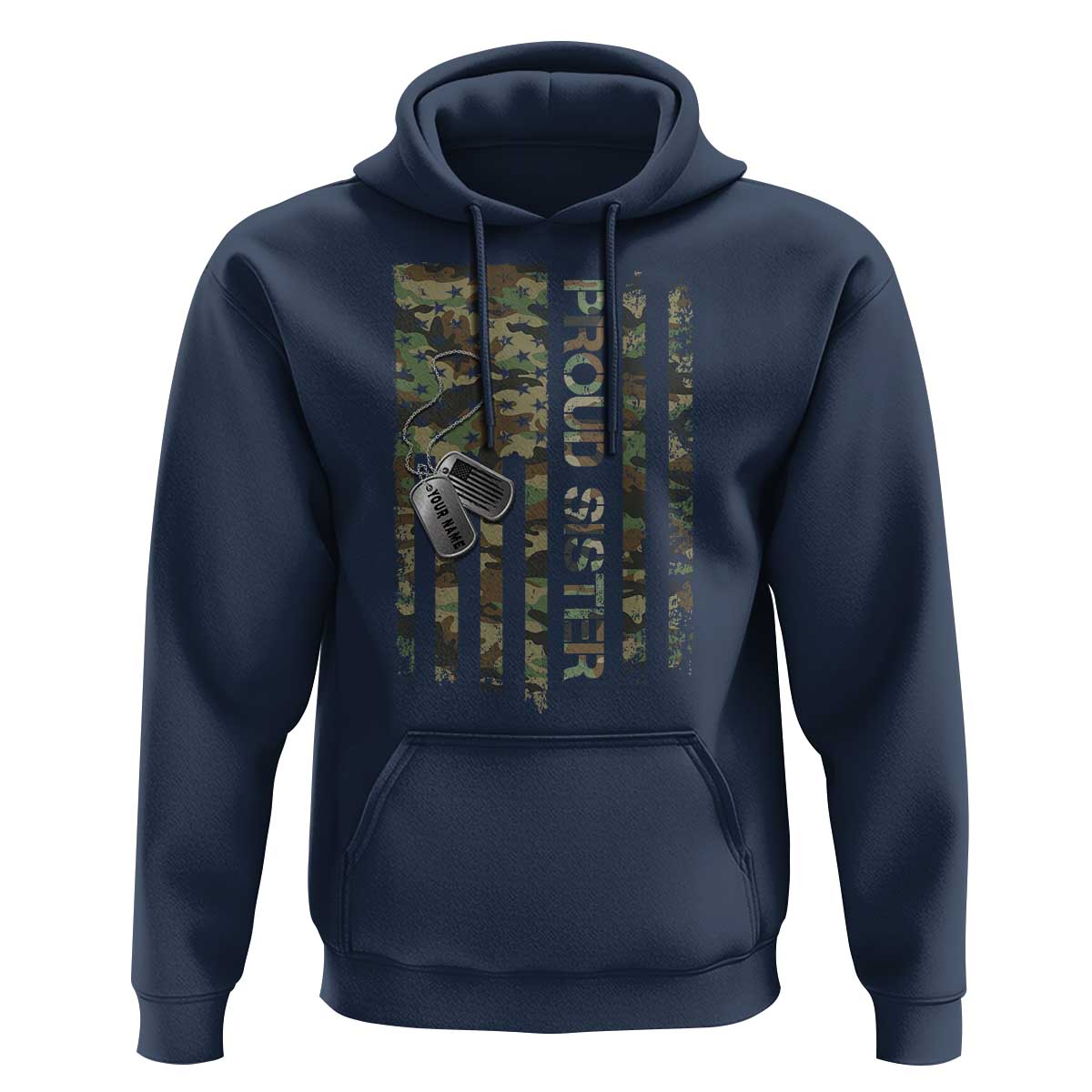 Personalized Proud Army Sister Hoodie Custom Name Dog Tag Camo American Flag Gift