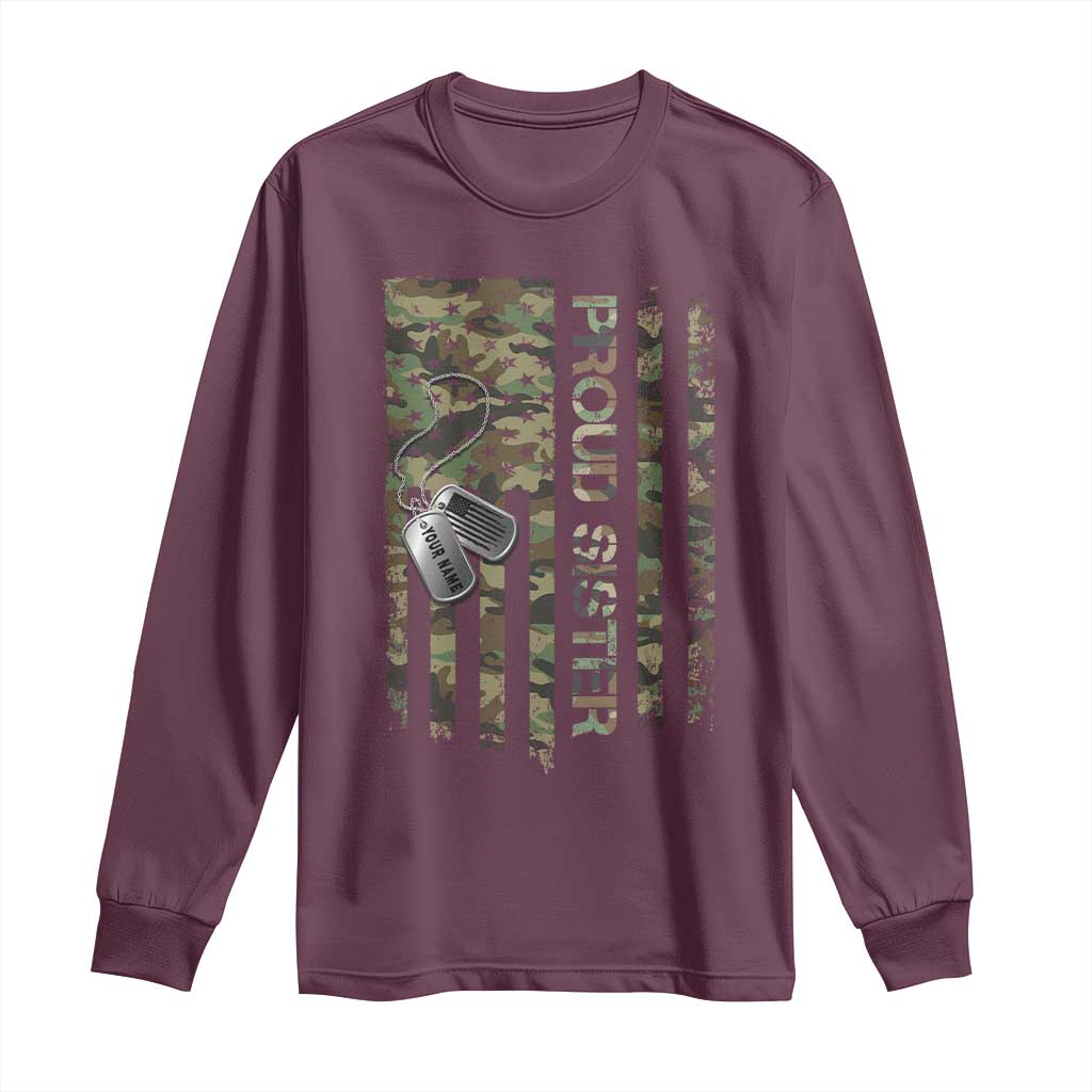 Personalized Proud Army Sister Long Sleeve Shirt Custom Name Dog Tag Camo American Flag Gift