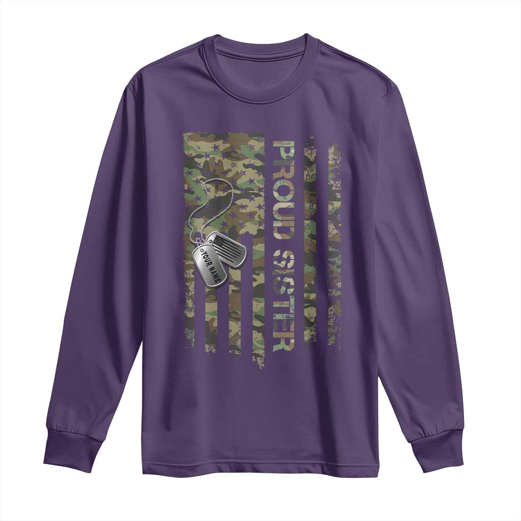 Personalized Proud Army Sister Long Sleeve Shirt Custom Name Dog Tag Camo American Flag Gift