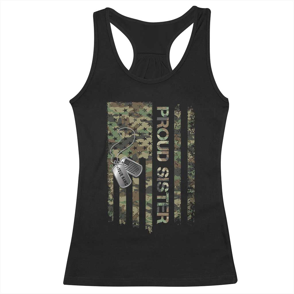 Personalized Proud Army Sister Racerback Tank Top Custom Name Dog Tag Camo American Flag Gift