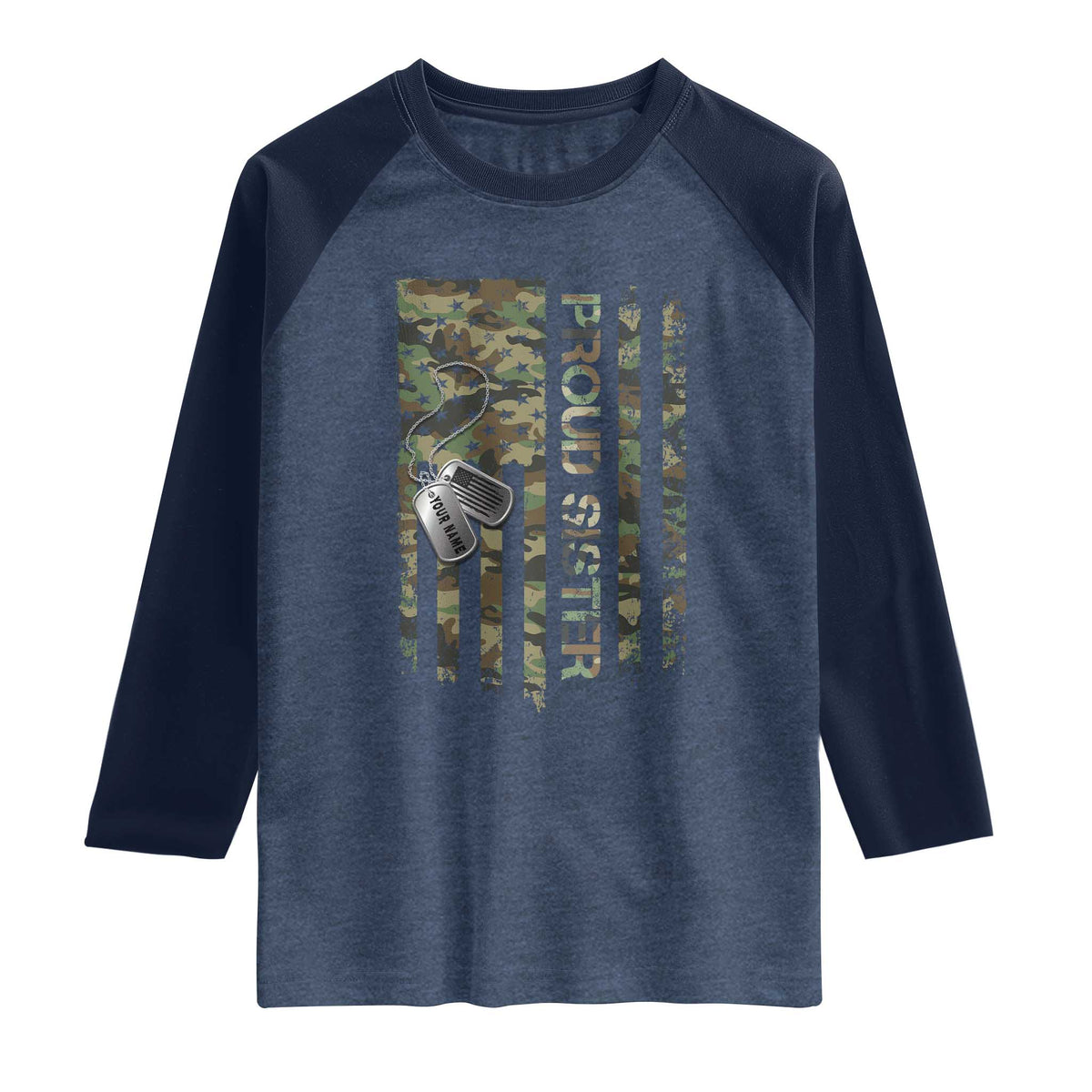 Personalized Proud Army Sister Raglan Shirt Custom Name Dog Tag Camo American Flag Gift