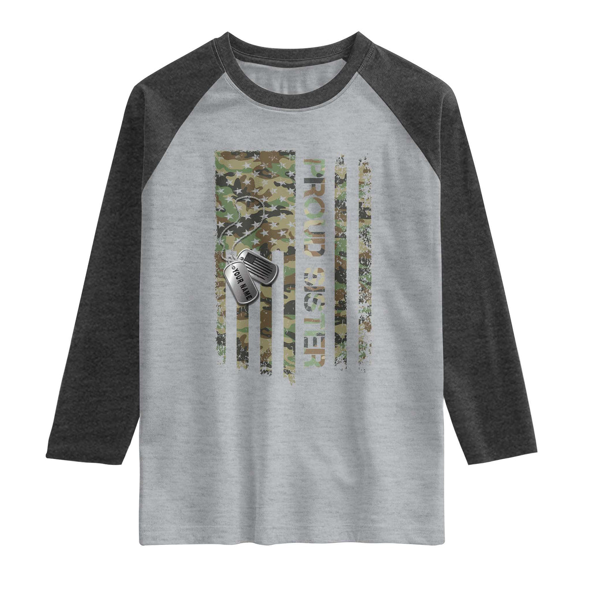 Personalized Proud Army Sister Raglan Shirt Custom Name Dog Tag Camo American Flag Gift