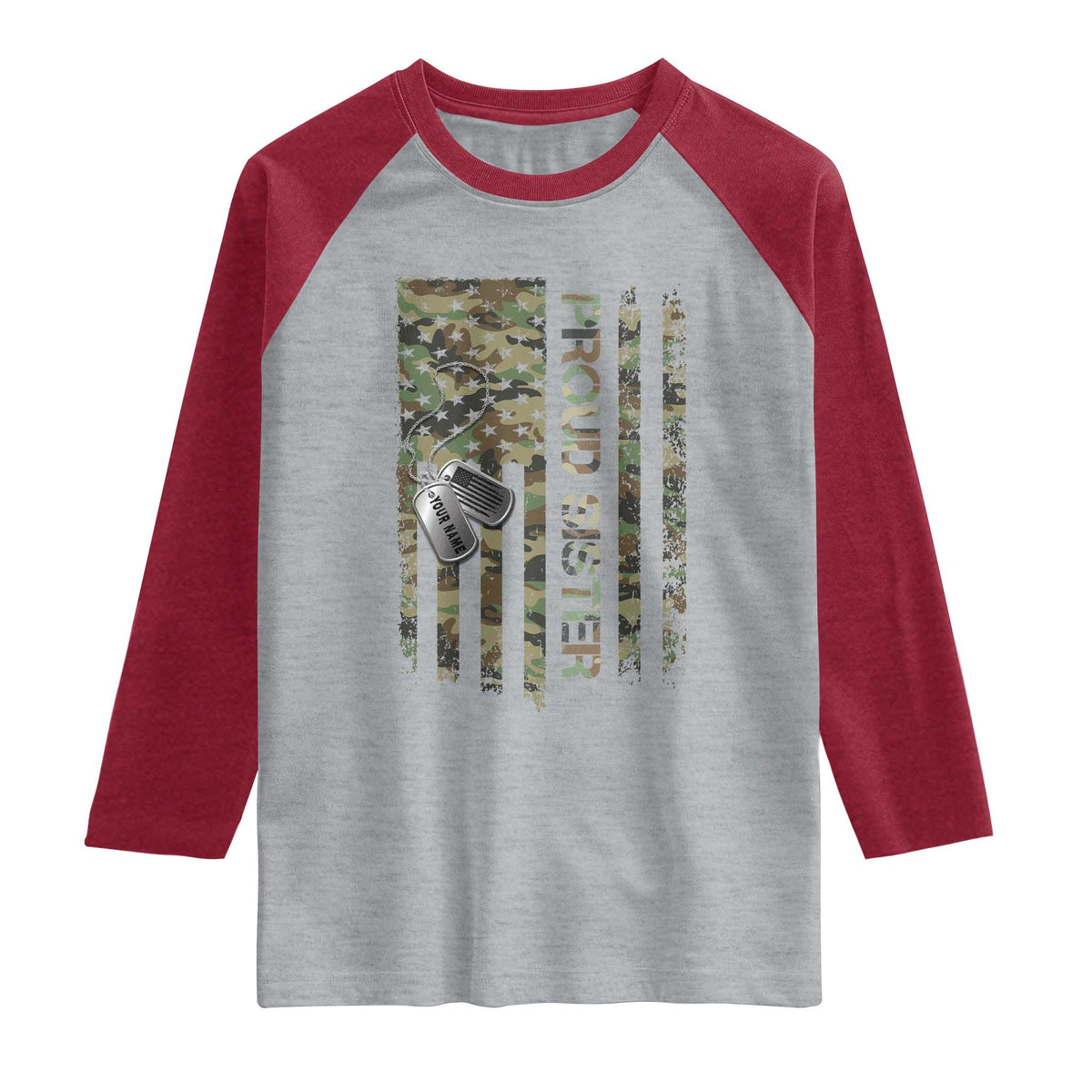 Personalized Proud Army Sister Raglan Shirt Custom Name Dog Tag Camo American Flag Gift