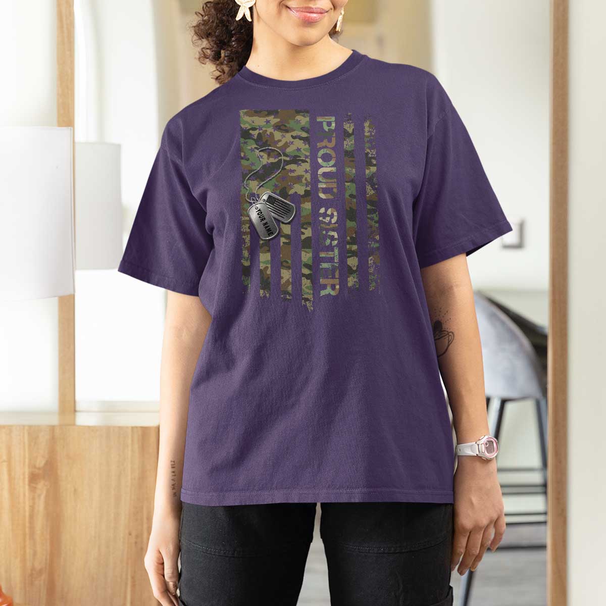 Personalized Proud Army Sister T Shirt For Women Custom Name Dog Tag Camo American Flag Gift
