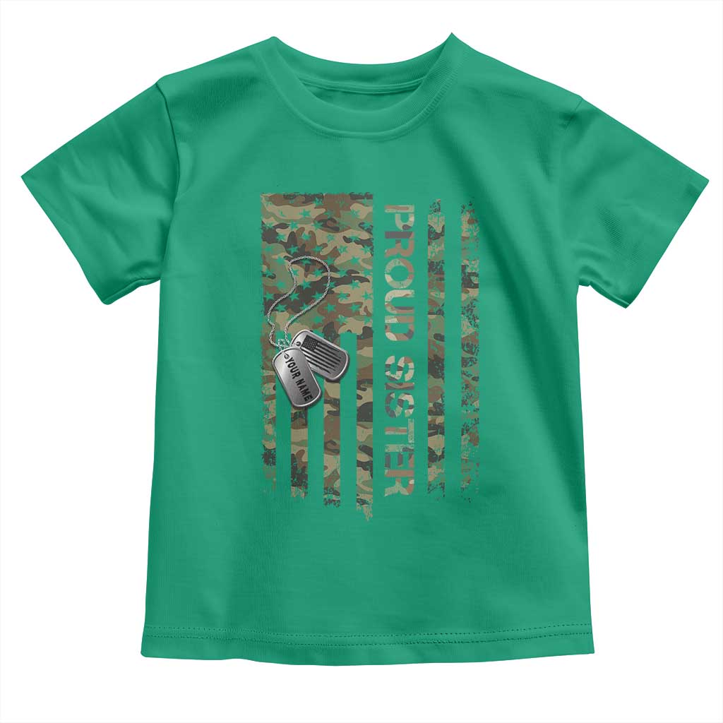 Personalized Proud Army Sister Toddler T Shirt Custom Name Dog Tag Camo American Flag Gift