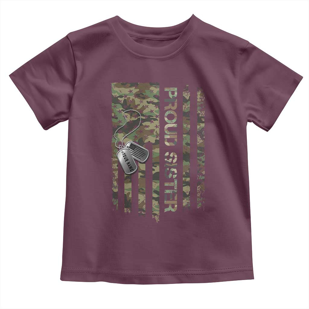 Personalized Proud Army Sister Toddler T Shirt Custom Name Dog Tag Camo American Flag Gift