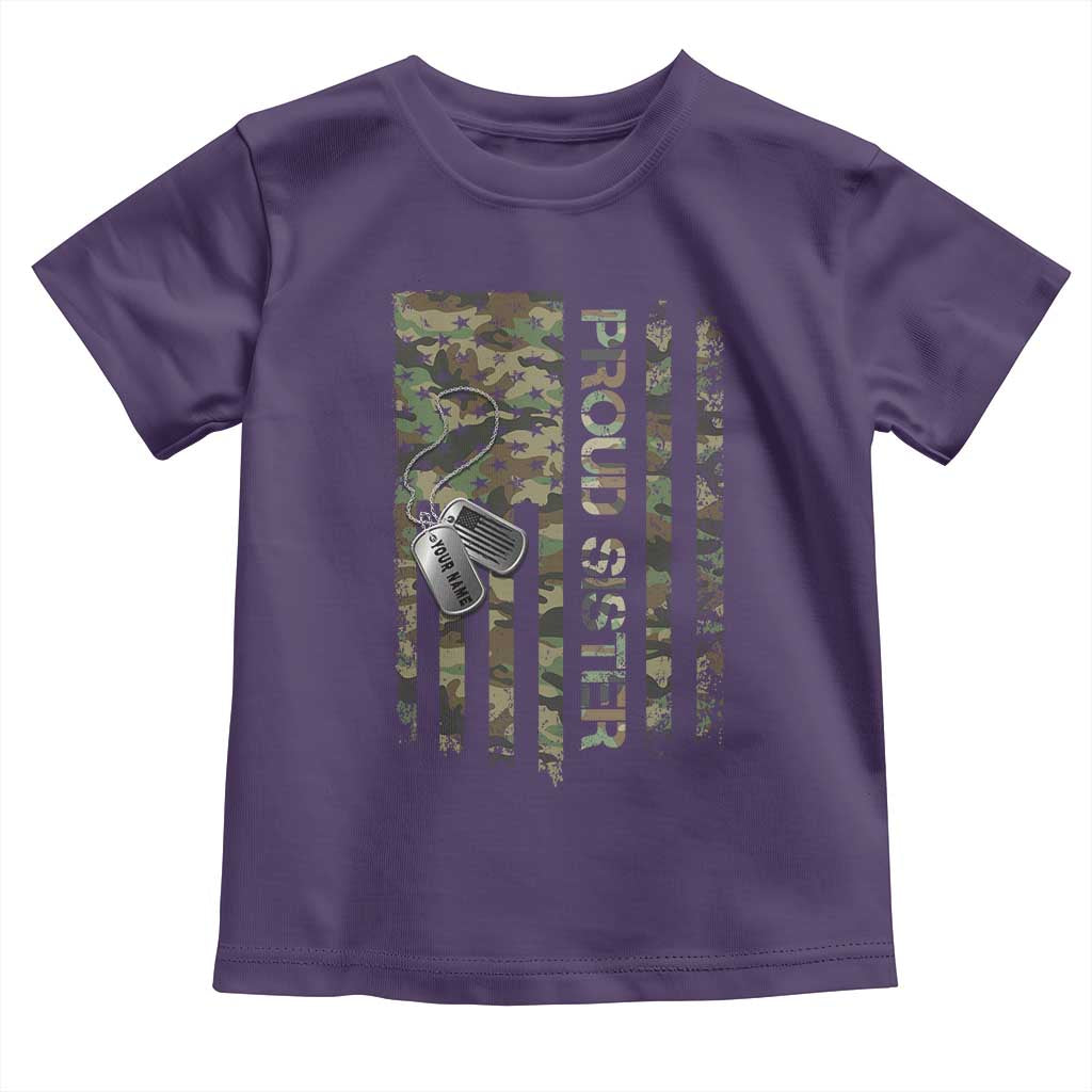 Personalized Proud Army Sister Toddler T Shirt Custom Name Dog Tag Camo American Flag Gift