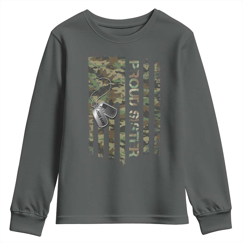Personalized Proud Army Sister Youth Sweatshirt Custom Name Dog Tag Camo American Flag Gift